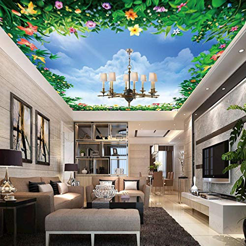 Peintures murales de plafond nuages ​​blancs ciel bleu Peintures de plafond nuages ​​blancs Papier Peint 3D Faux Cuir Vinyle Mural-350cm×256cm