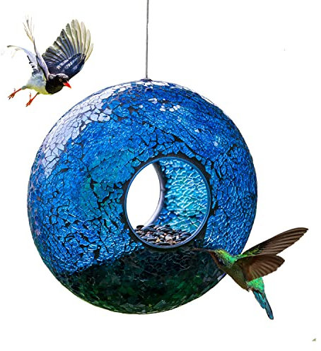 Topadorn Hanging Mosaic Bird Feeder Outdoor Garden Decoration Birdfeeder,Blue