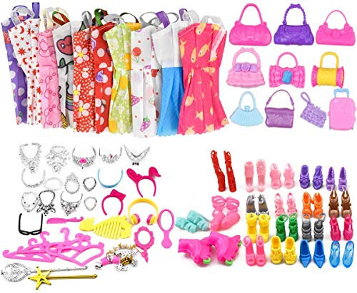 Miotlsy Kleidung Accessories für Barbie Puppen 20 Set Kleid Dress 30 Stück Schmuckzubehör erhalten Halskette Spiegel Kleiderbügel 20 Paar Schuhe und 10Pcs Handtasche für 11,5 Zoll Mädchen Puppen