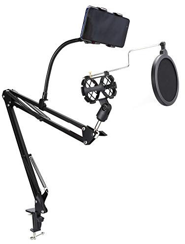 Microphone Suspension Arm, Adjustable Boom Scissor Stand for MIC, Free Hands Microphone Support Bracket with Workbench Mounting Clip & Spray Guard for Recording/Radio/Broadcasting Studio