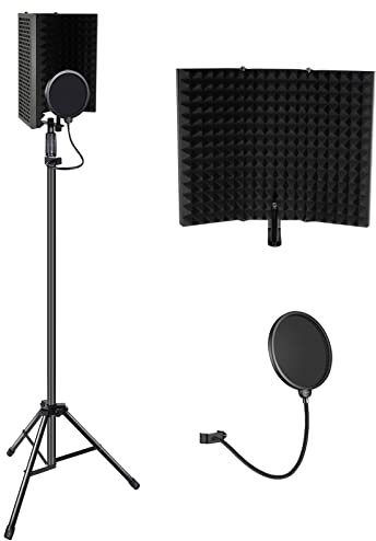 Support de microphone d'enregistrement, bouclier d'isolation avec trépied lourd, kit d'équipement de podcast professionnel pour studio d'enregistrement avec filtre pop et adaptateur 3/8 à 5/8 pour