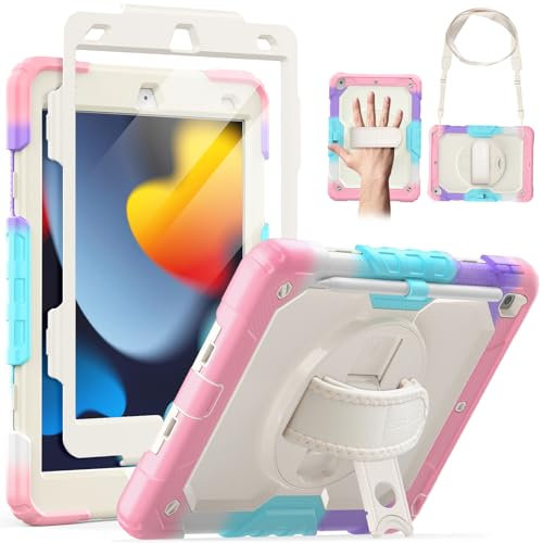 SEYMAC Case for iPad 9th/8th/7th Generation 2021/2020/2019 10.2 inch, Shockproof Case with Screen Protector, 360 Degree Rotating Stand/Hand Strap, Pen Holder for iPad 10.2 Inch, Camo Pink