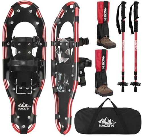 Kit de Raquetas de Nieve 4 en 1 para Hombres, Mujeres y Jóvenes, Raquetas Ligeras de Aluminio con Bastones de Senderismo Ajustables, Polainas Impermeables y Bolsa de Transporte (Rojo, 53cm)