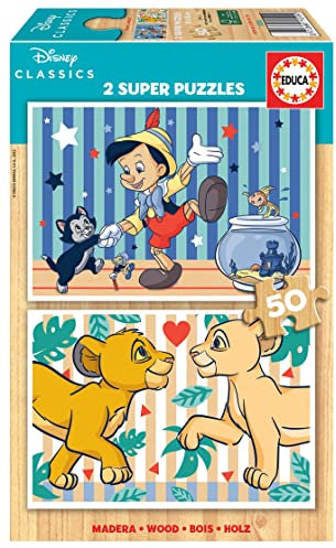 Educa 19290, Disney Klassiker, 2 x 50 Teile Holzpuzzleset für Kinder ab 4 Jahren, Pinocchio, König der Löwen