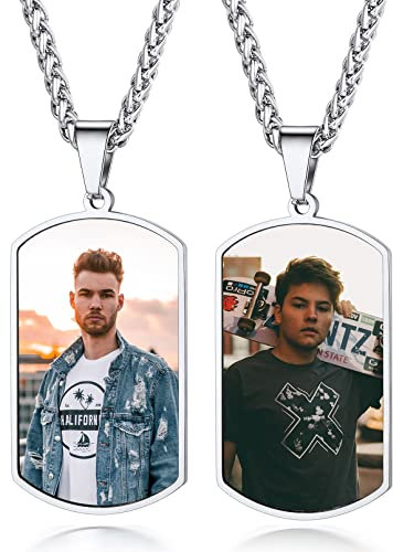 Custom4U Individuelle Foto Armee Kette Edelstahl Doppelseitiger Foto Anhänger mit Bildgravur auf 2 Seiten Dog Tag Kette Hundemarke Kette für 2 Fotos in Silber mit 55cm+5cm Kette für Herren Männer