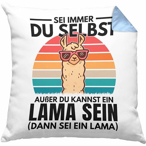 Trendation Llama Kissen mit Füllung 40x40 Alpaka Geschenk Lama-Liebhaber Geschenkidee Frauen Sei Immer Du Selbst (Blau)