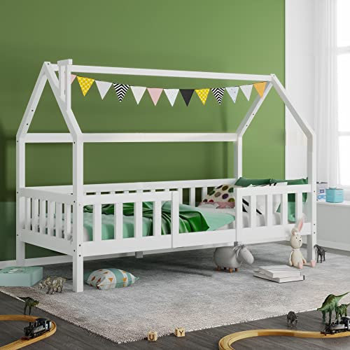 KecDuey Kinderbett Hausbett 90 x 200 cm, Holzbett für Kids, Lattenrosten,Rausfallschutz, aus Kiefernholz (ohne Matratze) (Weiß-1)