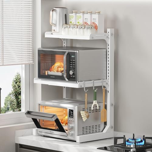 ABCOOL Estante retráctil ajustable de 2 ejes axiales para horno microondas, 2 niveles expandibles y altura ajustable, estante de acero al carbono con 3 ganchos de clip, soporte para horno eléctrico