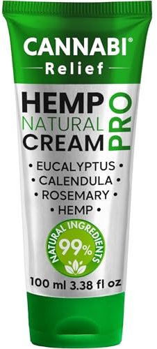 HANF CREME RELIEF PRO | Hochdosiertes Hanf Gel | Massage Gel mit Kühlende Wirkung | Wirkt gegen Rückenbeschwerden & Muskelkater, Knie, Nacken, Schultern | Hanföl Kampfer Menthol Rosmarin (100 ml)