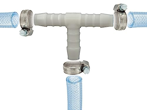 tecuro Schlauchverbinder T Stück, allseitig Ø 10 mm, mit Edelstahlschlauchschellen - Nylon weiß
