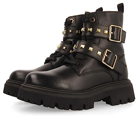 Botines negros de piel con cordones y detalle de hebillas para niña y niño trins