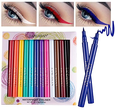 RoseFlower Ensemble D'eye-liner Liquide Coloré Arc-en-ciel Mat 12PCS, Eye-liner Pinceau à Pointe Douce et Hyper Pointue de 12 Couleurs, Ensemble de Stylos Coloré Eye-liner Imperméable à Haute#1