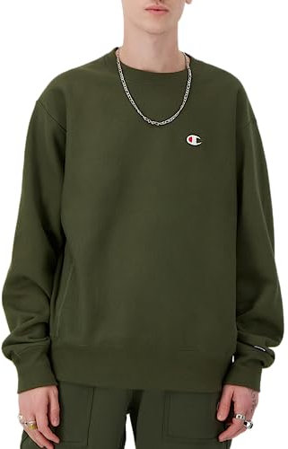 Champion Felpa da uomo, tessuto inverso, felpa girocollo in pile, felpe pesanti, verde Acadia petto sinistro C, XS, Acadia Verde Sinistra Petto C, XS