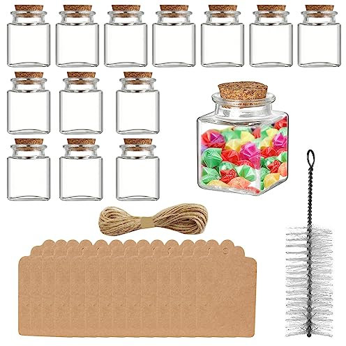 CHEVVY 14Pcs Pot avec Bouchon Liege en Verre 4.3 * 4.3CM Mini Pot Conservation Carré avec Étiquettes et Ficelle Pot de Faveur en Verre Vintage pour Mariage Fête Épices et Confitures