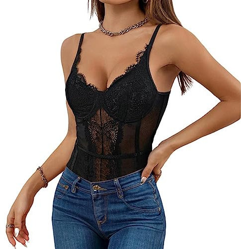 Rongseng Body Mujer Sexy Bodysuit de Malla Transparente Encaje Floral Tirantes Bodies sin Mangas Cuello en V Profundo Una Pieza Backless Jumpsuit Elástica Ropa Interior Body Moda Blusa Top para Fiesta