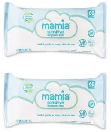 2x Mamia Sensitive Fragrance Free Wipes 60 Pack