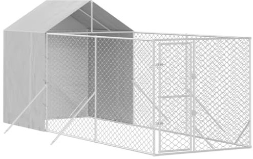 vidaXL Outdoor Hundezwinger, Hundehütte mit Dach, Hundekäfig für den Außenbereich, Hühnerstall Hundezaun Hundeauslauf, Silbern Verzinkter Stahl