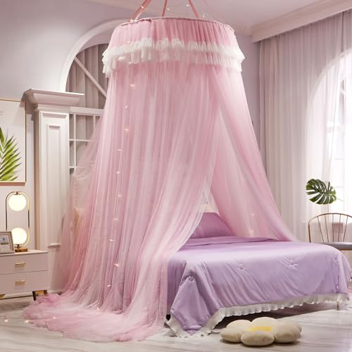 AIKASY Mädchen und Erwachsene Baldachin Bett, eleganter doppellagiger Bettvorhang, Kindertraum, rundes Spitzen-Moskitonetz, Prinzessinnen-Überdachungsnetz – passend für Doppel-, Doppel-, Queen-Size