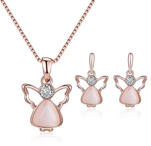 TOFBS Schmuck Damen Rosegold Schutzengel Anhänger Kette Ohrringe Set Engel Schmuckset Silber Halskette Schmuck Geschenke Für Frauen Mädchen A
