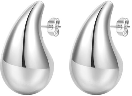 JewelryWe Tropfen Ohrstecker Damen Edelstahl: Silber Groß Leicht Wassertropfen Ohrringe Hypoallergen Chunky Teardrop Waterdrop Ohrstecker Dicke Hoop Stecker Creolen Schmuck Geschenk Für Frauen Mädchen