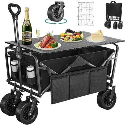 YITAHOME Beach Trolley with Big Universal Wheels, Folding Wagon with table 2 Drink Holders, Large Capacity 220 lbs Adjustable Handle Height, Festival Trolley for Outdoor Garden Picnics (Black)
