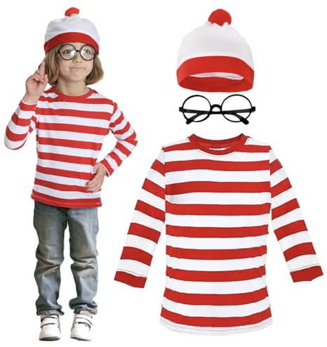 LOVETRENDS Kinderkostüm Find Me, Größe XL, langärmelig, rot und weiß gestreiftes T-Shirt, weiße & rote Bommelmütze, runde Brille, Kinderkostüm zum Welttag der Buchwoche