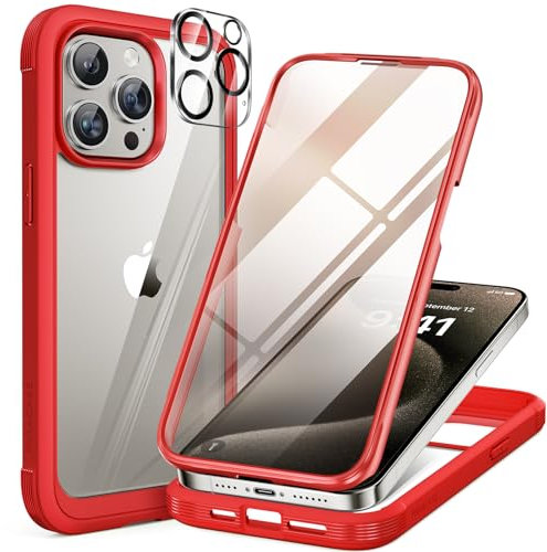 Miracase Glass Case for iPhone 15 Pro Max Case 6.7-Inch, Full Body Bumper Clear Back Cover and Built-in 9H Tempered Glass Screen Protector + Camera Lens Protector (Red)