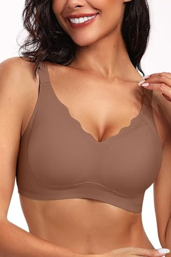 Vertvie Bras for Women Non Wired Seamless Wireless Push Up Bra Comfort Support Full Coverage Bralettes Scalloped Padded Sports Everyday Bra (Coffee,M)