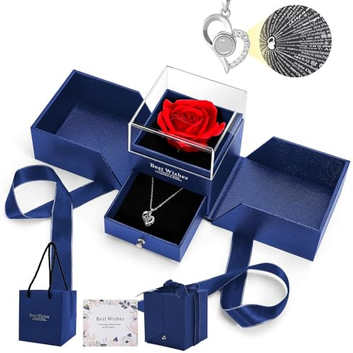 Eternal Rose 100 Languages I Love You Necklace - Preserved Flower Gift for Women's Birthday, Anniversary, Christmas, Valentine's Day, Mother's Day