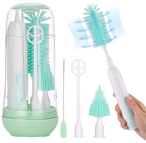 Wrischan Electric Baby Bottle Brush Set,Portable Bottle Brushes for Cleaning with UV Steriliser,Milk Frother Electric,Nipple and Straw Brush,Bottle Drying Rack,Baby Travel Essentials, Green