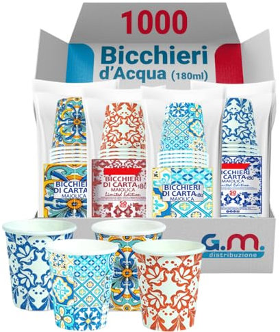 GM 1000 Bicchieri d' Acqua in Carta con Grafiche Maioliche, 180 ml, Biodegradabili e Biocompostabili, Usa e Getta, 4 Colorazioni, Ideale per Casa, Ufficio, Asporto Bevande Calde e Fredde
