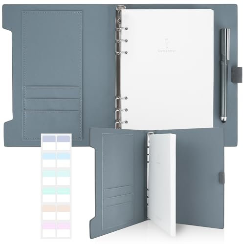 Ringbuch A5, Blau Ringbuch A5 Nachfüllbar, 160 Seiten Notizbuch mit Stift und Stifthalter, Hardcover PU Journal Notizbuch mit 6 Ringen, Tagebücher mit Book Tabs für Studium Reisen Zeichnungen
