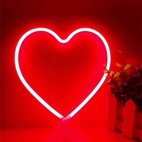 HFHungkeong LED Neon Herzschild, Love Heart Neonlicht für Mädchenzimmer, Rosa Schlafzimmer Wohnheimdekor, USB oder Batteriebetriebene Herzlampe für Hochzeit, Valentinstag, Muttertag(1 Stück Rot)