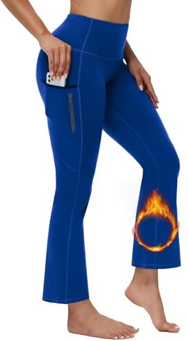 BAYGE Damen Thermo Bootcut Yogahose Winter Hohe Taille Fleece Gefüttert Hose Wasserdicht Bauchkontrolle Slim Fit Flare Leggings Wanderhose Schlaghose Sporthose Sweathose mit Taschen, Blau, S