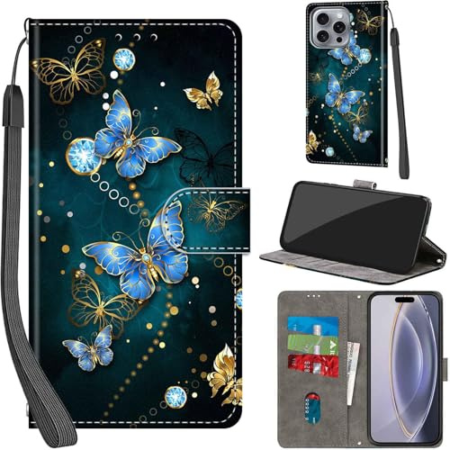 PHINIENLAND Wallet Flip Case for iPhone 16 Pro Max Leather Green Butterfly | 3 Card Slots & 1 Cash Pocket, Magnetic Closure, Kickstand, Premium PU Leather flip cover for iPhone 16 Pro Max