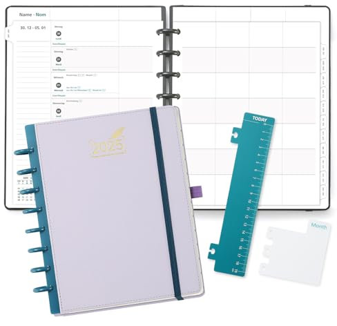 BEZEND Familienplaner 2025 mit 6 Spalten, 18.9 x 24.1 cm, Family-Timer mit 12 Monate: Jan bis Dez 2025, Disc-Bindung & PU-Leder Hardcover, 100gsm, Lila