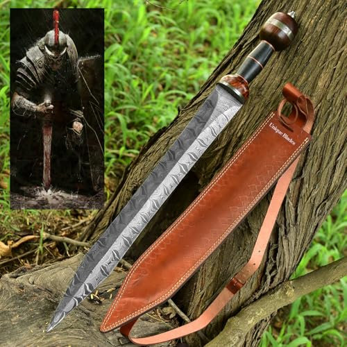 Roman Gladius Sword 27-IN Viking Ranger Julius-Caesar Sword' Damascus Steel' /Battle Ready/Cosplay Full Tan with Sheath, Medieval Arming 'Micarta Wood Handle