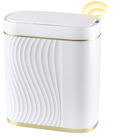 ELPHECO Bathroom Sensor Trash Can with Lid 2 Gallon Automatic Trash Bin, 7.5 Liter Smart Garbage Can, Slim Waterproof Garbage Bin, Narrow Waste Bins for Bathroom, Office, White Golden