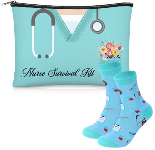 Xuniea 2 Dankeschön Geschenke für Krankenschwester Damen Lustige Krankenschwester Motiv Socken und Kosmetiktasche Nurse Survival Kit Geschenk für Pflegekräfte Arzt Weihnachten
