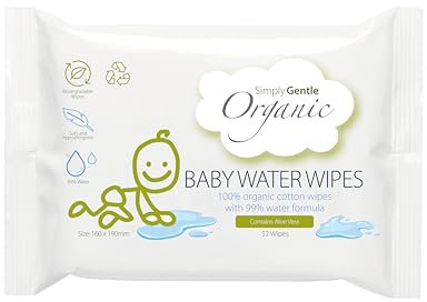 Simply Gentle Organic - Baby Water Wipes, 100% Organic Cotton with 99% Water Formula - Soft & Hypoallergenic, Suitable for Newborn - Chemical Free, Dermatological Tested - 52 Wipes