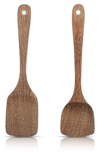 TIESOME Wood Kitchen Spatulas Set, 2 PCS Non Stick Wooden Cooking Utensils Set Unique Patterns Wooden Utensils Durable Kitchen Tools for Mixing Frying Fish Spatula Egg Flipper Turner