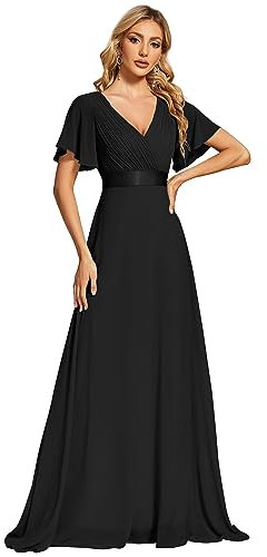 Ever-Pretty Women's Double V-Neck Short Flutter Sleeves Empire Waist Elegant Chiffon Long Evening Dresses Black 6UK