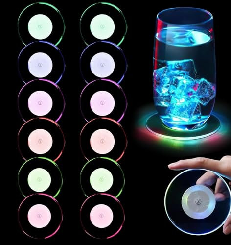 12 Stück Bunt LED Untersetzer, 3 Beleuchtungsmodi Leuchtende Untersetzer, Acryl Rund wasserdichte Leuchtuntersetzer, LED Untersetzer für Gläser, Untersetzer Leuchtend für Gläser Flaschen Party