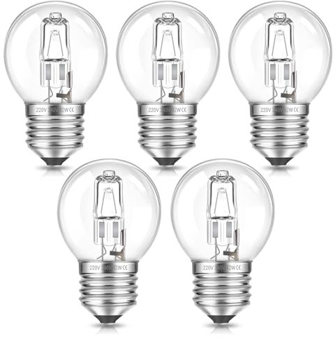 SCNNC E27 G45 Halogenlampe 42W Dimmbar 230V, Halogen Birne G45 E27 Warmweiß 2700K Halogen Leuchtmittel Globe Lampe E27 Halogen Klar für Deckenleuchte, Wandlampe, Stehlampe, 5 Stück