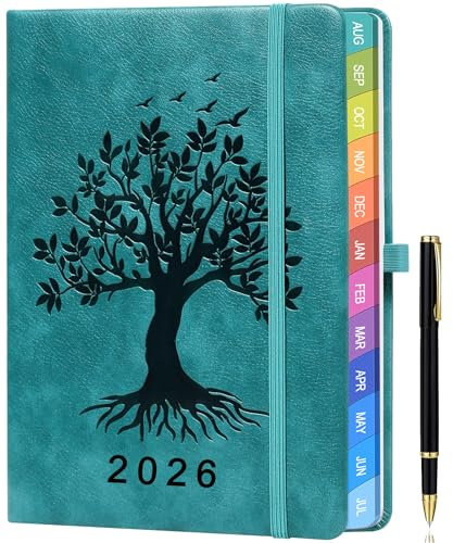 ZXHQ Kalender 2026 – Tagesplaner (21,5 x 15 cm) Deutsch, 1 Tag 1 Seite Terminplaner (Jan – Dez 2026), mit Monatsübersicht, Deutschen Feiertagen, Inspirierenden Zitaten & Innentasche - Seegrün