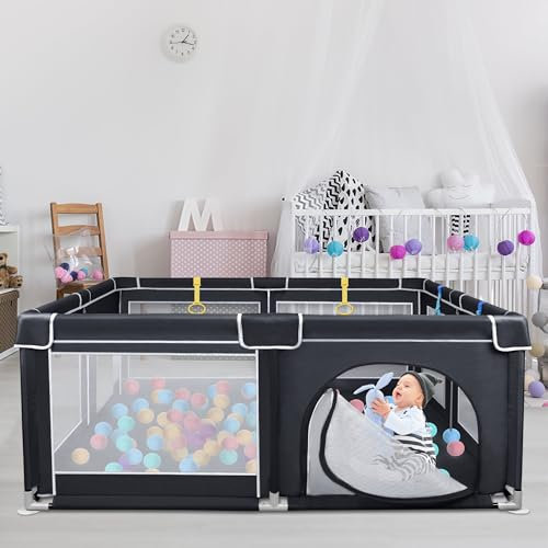 UISEBRT Laufstall Baby Laufgitter Schutzgitter mit Rutschfester Basis und Atmungsaktivem Netz und 50 Bälle, Stabiler Absperrgitter Aktivitätszentrum für Kinder,Schwarz - 150x180cm