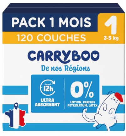 Carryboo - Windeln Größe 1 (2-5 kg) – gesund und extrem saugfähig – 12 Stunden auslaufsicher – ohne unerwünschte Substanzen – hergestellt in Frankreich – erschwinglicher Preis – 120 Einwegwindeln