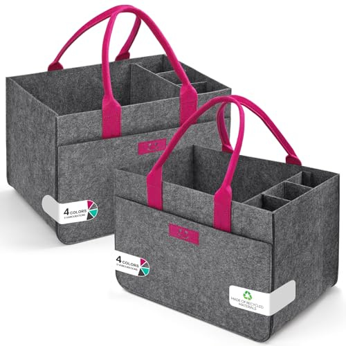 Eurhomewit Filz Einkaufskörbe Filztasche 30L Einkaufskorb Faltbar Einkaufstasche mit Fächern, Filztasche Groß Flaschentasche Kaminholztasche Kleiderkorb (Smiley Mittelgrau + Magenta/2 Stück)