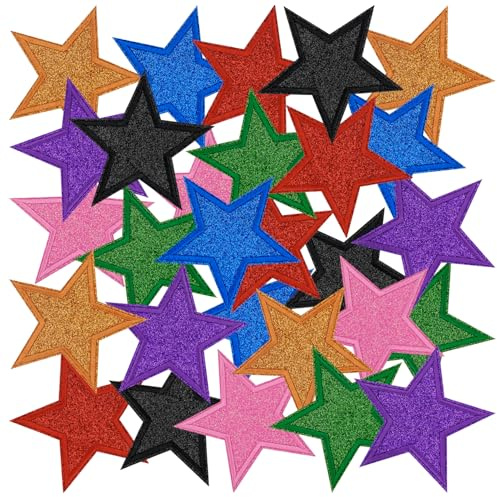 28Pcs Glitter Star Iron On Patches 4''Large Bling Embroidered Appliques with Sequin Sparkle Colorful Star Patch for Clothes Denim Jackets Jeans Backpacks Trucker Hats Phone Case Clothing Repair DIY