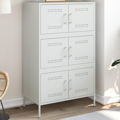 Mandloder Weißes Highboard 68x39x113 cm aus Stahl, Robustes Industrie-Design, 6 Fächer für Schlafzimmer, Wohnzimmer, vielseitiger Stauraum, pflegeleichtes Möbelstück